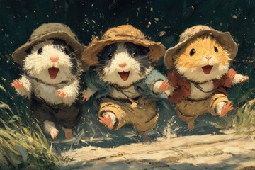 Playful rodents in straw hats frolic in a sunlit puddle.