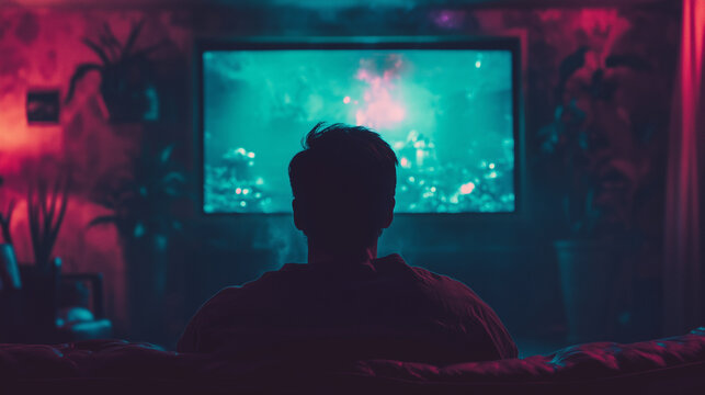 man sitting in front of screen watching movie — perfect for illustrating home entertainment, streaming services, leisure time, or modern relaxation lifestyle