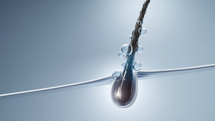 Futuristic 3D render of a single glossy hair strand wrapped with active serum bubbles, symbolizing advanced haircare treatment.

