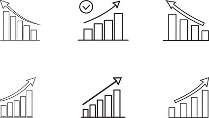 A collection of six linear icons representing various bar chart and graph growth concepts for illustrating business advancements, financial analysis, economic growth, and statistical improvement