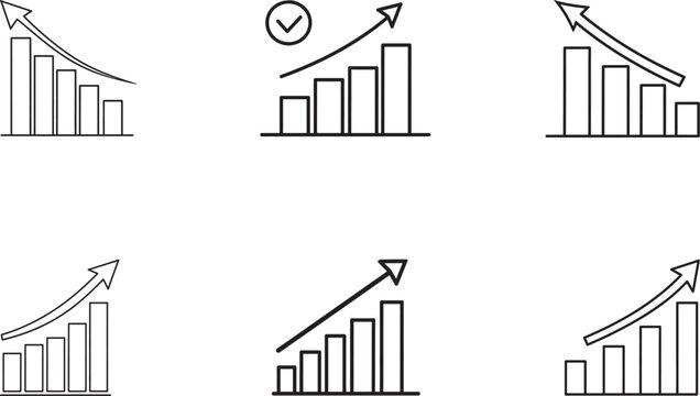 A collection of six linear icons representing various bar chart and graph growth concepts for illustrating business advancements, financial analysis, economic growth, and statistical improvement