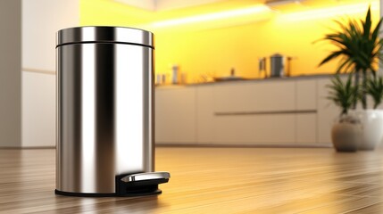 Modern stainless steel trash can in a bright kitchen setting with wooden flooring and decor