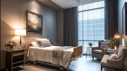 Fototapeta premium Serene Hospital Room Interior: Comfortable Bed, Soft Lighting, and Tranquil View