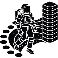 Astronaut vector silhouette illustration Astronaut walking across data stream