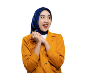 Cheerful young Asian woman clasping hands and looking away with happy expression isolated on transparent background