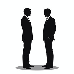 Two men in suits facing each other, black silhouette, business concept, copy space