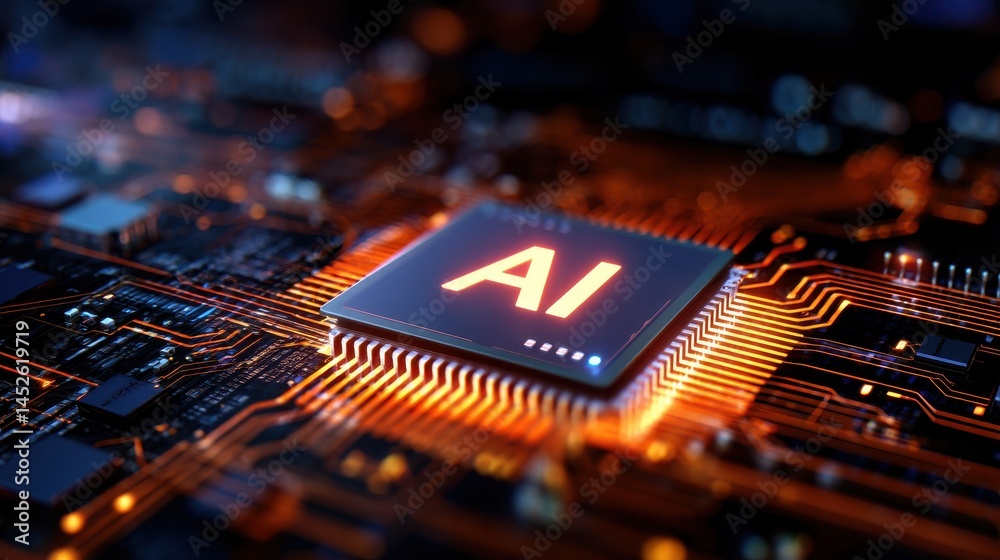 Poster close-up view of a microchip with ai inscription, showcasing intricate circuit patterns and glowing 