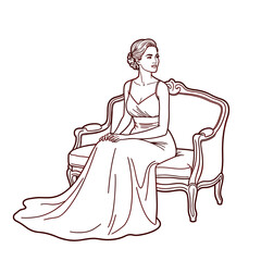 Woman in gown seated on armchair, line art illustration, maroon tones, for fashion design