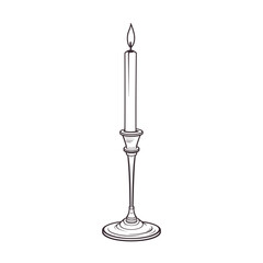 Lit candle on candlestick, line art, monochrome, for invitations