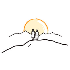 Couple holding hands at sunset, minimalist line art illustration, for websites and social media