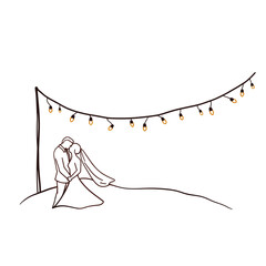 Couple embracing under string lights, wedding illustration, minimalist style, for invitations