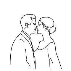 Couple about to kiss, line art illustration, black and white, for wedding invitations
