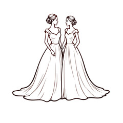 Two brides in wedding gowns, line art, maroon accents, for invitations