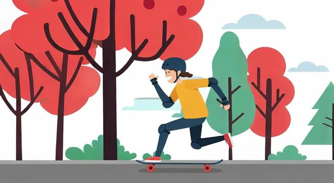 Skateboarding on Path in Park Protective Gear Animated Style