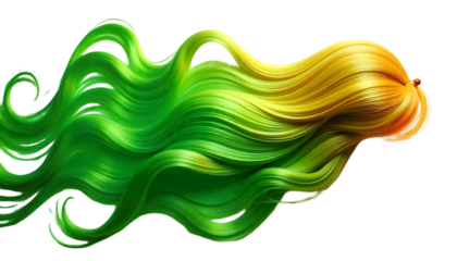 purple, brown, black, yleow, green, blue wigs on transparent background, PNG.