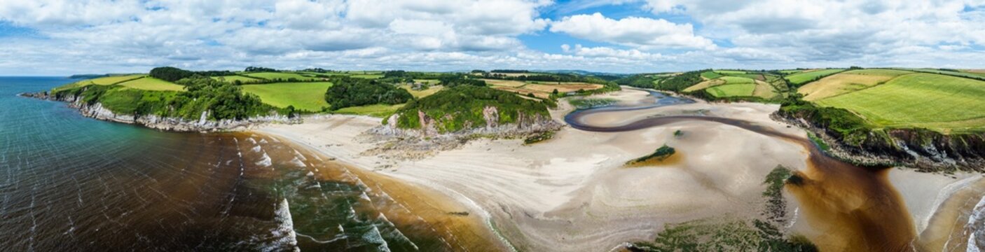 Panorama of River Emme and Red Cove from a drone, Mothecombe, Plymouth, South Devon, England, Europe
