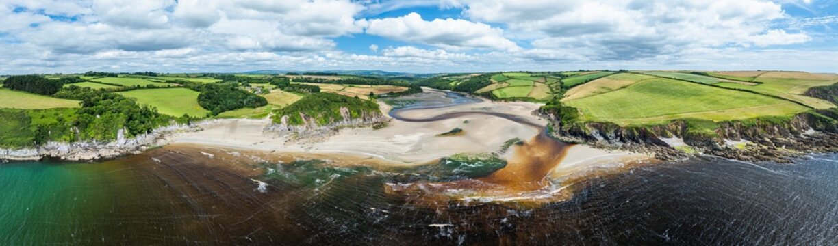 Panorama of River Emme and Red Cove from a drone, Mothecombe, Plymouth, South Devon, England, Europe
