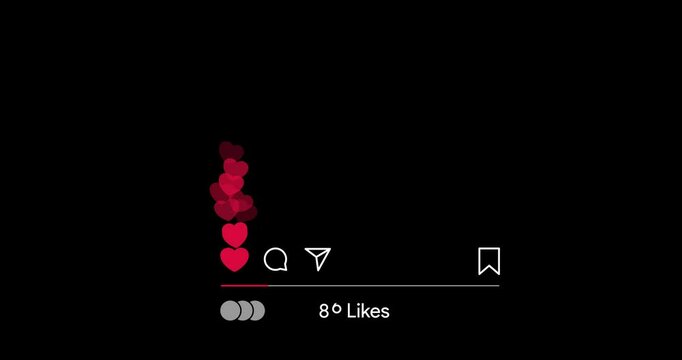 Heart fountain fly up. Stream reactions in social media. Follower like support. Love button emoji motion graphic. Live streaming in instagram, youtube, tiktok twitch reaction. Alpha Channel overlay
