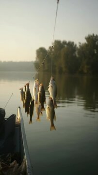 Freshly caught fish hanging on a stringer from a boat on a peaceful lake surrounded by lush green trees in a hazy sunlight atmosphere
