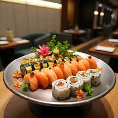 Sushi rolls prepared with fresh ingredients on a sleek serving platter at a modern Japanese restaurant