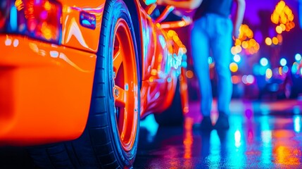 closeup of red car wheels on wet street with neon lights