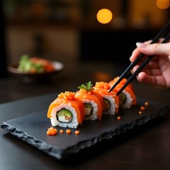 Chopsticks pick up a vibrant sushi roll topped with salmon and fish roe, set on a dark slate board. The restaurant ambiance adds a contemporary feel to this culinary delight.