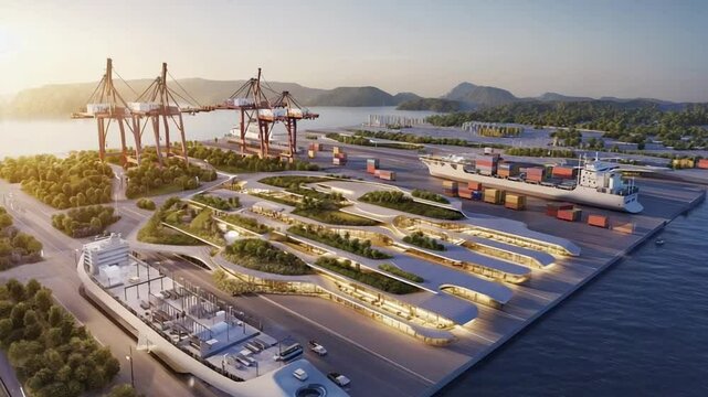 Top-down aerial time-lapse futuristic eco-friendly port, container ship unloaded electric self-driving, solar panels, rooftop gardens, water, bright natural sunlight, modern sustainable infrastructure