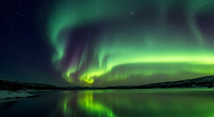 Fototapeta premium Stunning aurora borealis display over a tranquil lake.