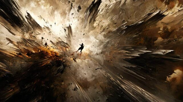 Confident businessman in black suit holding gun in urban setting exuding power and intent amidst a gritty background of city life