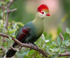 Obraz premium Red-crested Turaco, Tauraco erythrolophus, Turaco, bird. Rare green bird with a red head, in the wild