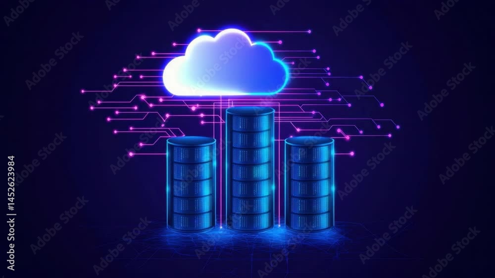 Poster digital cloud computing concept with growth graph and data storage representation in neon colors