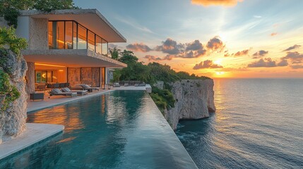 Fototapeta premium Luxury villa with ocean view infinity pool on the edge of cliff at sunset