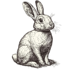 Rabbit sitting still, vintage woodcut sketch, black engraving style, retro animal vector, hand-drawn bunny art, antique forest wildlife, rustic illustration, country house wall print