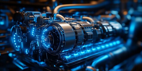 Futuristic engine gleaming with neon light