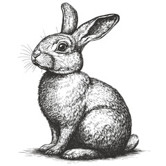 Vintage rabbit illustration, woodcut engraving style, black sketch, sitting still bunny, antique animal drawing, hand-drawn wildlife, rustic etching, forest animal art, farmhouse decor