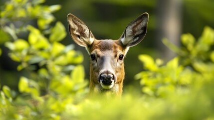 A deer is standing in a green forest