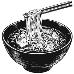 Ramen noodles illustration, vintage black sketch, old woodcut style, hand drawn Asian food vector, Japanese ramen bowl, retro line art, cultural cuisine drawing, soup illustration, hot meal,
