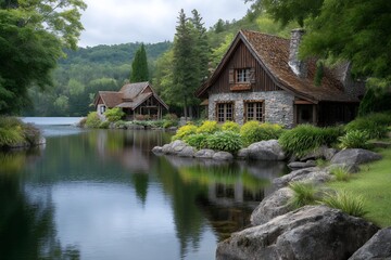 Obraz premium Lake House with Stone Cottage and Reflections