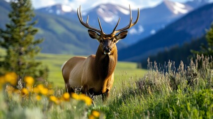 A deer stands in a field of grass and flowers