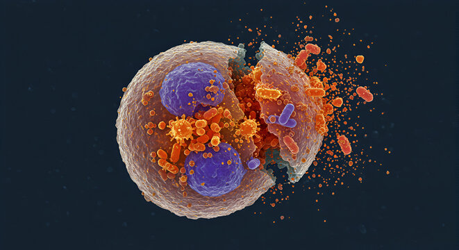 Microbe-Infected Cell Undergoing Lysis &ndash; Cellular Destruction Illustration