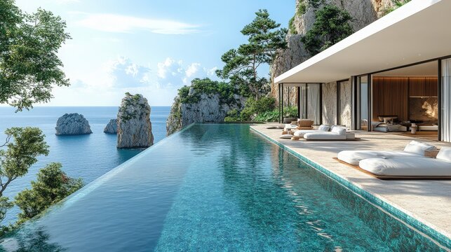 Spectacular coastal villa with infinity pool overlooking azure ocean horizon