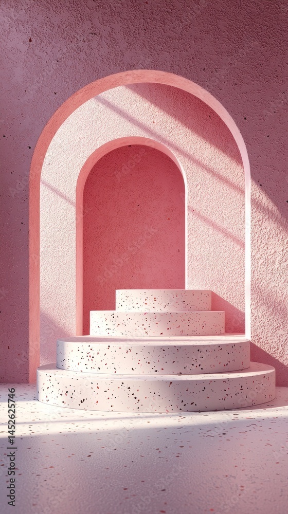 Aufkleber this tranquil indoor setting features a minimal podium with smooth, layered steps and soft pink arch