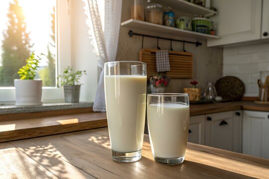 Two glasses of milk - one for an adult, one for a child - stand next to each other in the kitchen  - Powered by Adobe