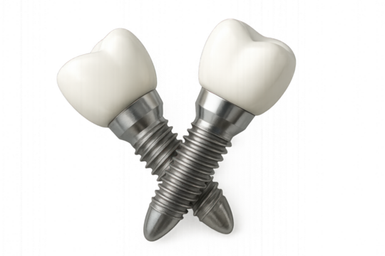 Dental implants illustration, showcasing tooth structure with screw-like base and crown. Isolated on transparent background.