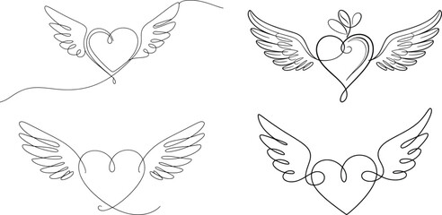 Obraz premium Winged Heart Line Art Set, Minimalist Love and Romance Outline Design.