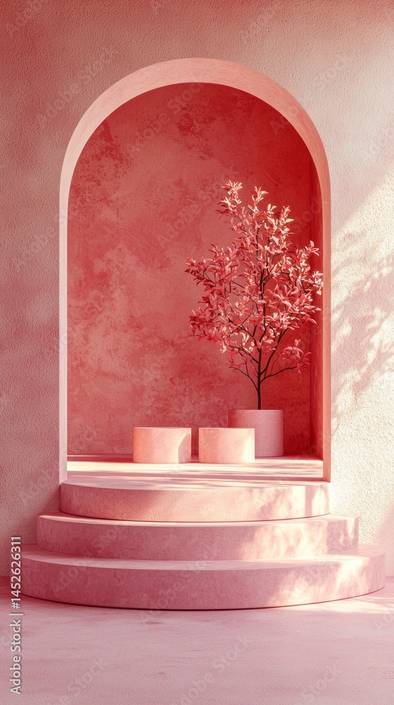 Poster a minimal podium showcases soft pink hues, highlighting a graceful tree in a pot. the artistic desig
