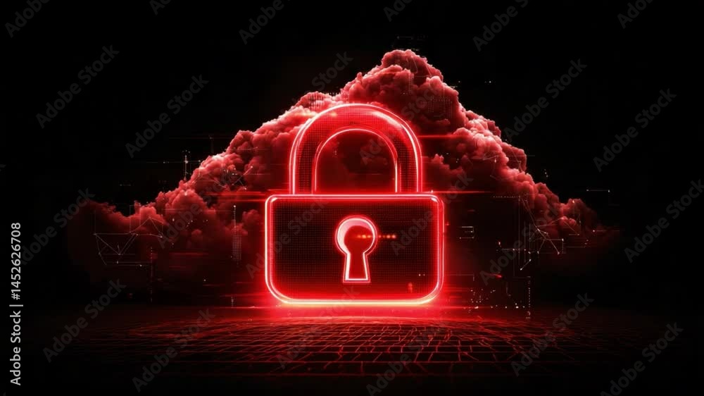 Poster red lock symbol against dark cloudy background with digital elements representing cybersecurity and 