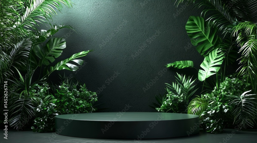 Poster a circular stage surrounded by vibrant tropical plants against a dark backdrop creates a lively sett