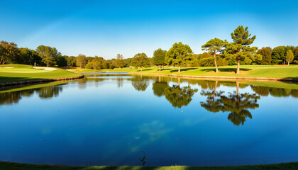 Fototapeta premium Serene golf course view with reflection of trees in the water 