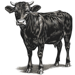 Realistic Cow Illustration, Vintage Woodcut Style, Old Engraving Look, Detailed Black Sketch, Retro Farm Animal Art, Traditional Etching, Rustic Bull Drawing, Country Style Livestock,
